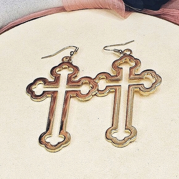 🔥$5/$25 Gold-Tone Cross Earrings Religious Statement Jewelry Lightweight - Picture 2 of 5